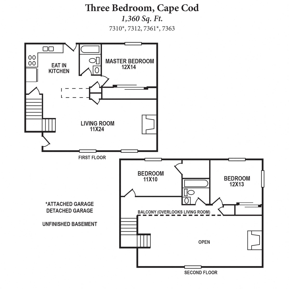 Floor plan for 3 beds, 2 baths, 1360 sqft